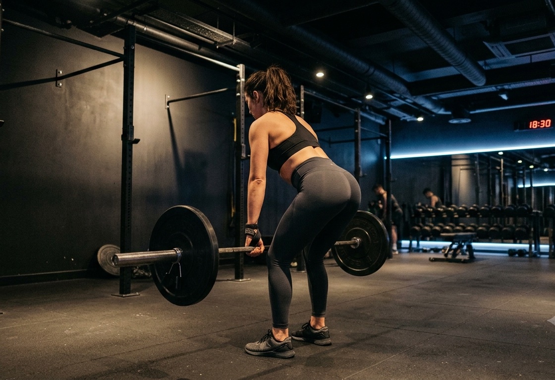 Woman mid-deadlift in a dark premium gym